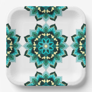 Mandala Pattern 02 in aqua Paper Plate