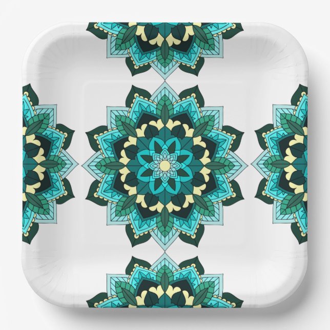 Mandala Pattern 02 in aqua Paper Plate (Front)
