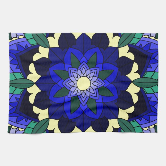 Mandala Pattern 02 in dark blue Tea Towel (Horizontal)