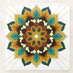 Mandala Pattern 02 in yellow & tan Glass Coaster