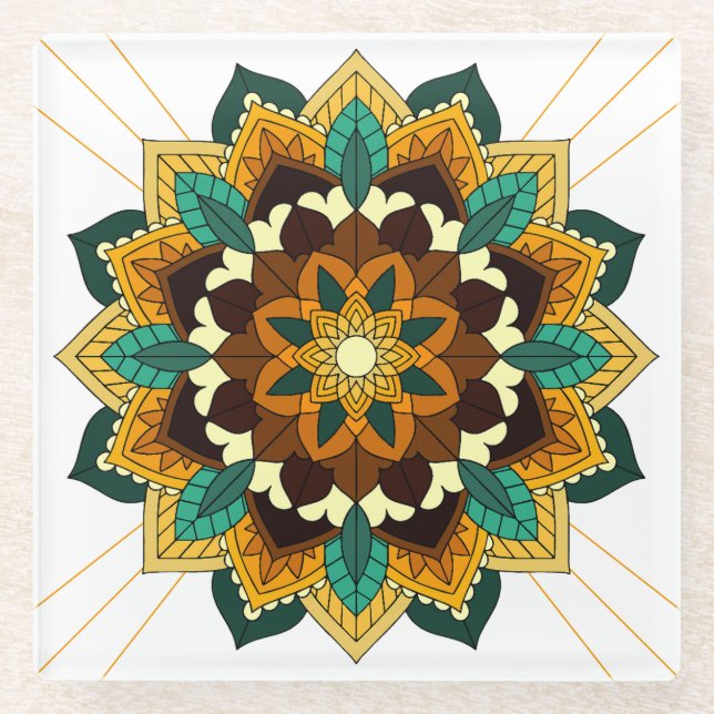 Mandala Pattern 02 in yellow & tan Glass Coaster (Front)
