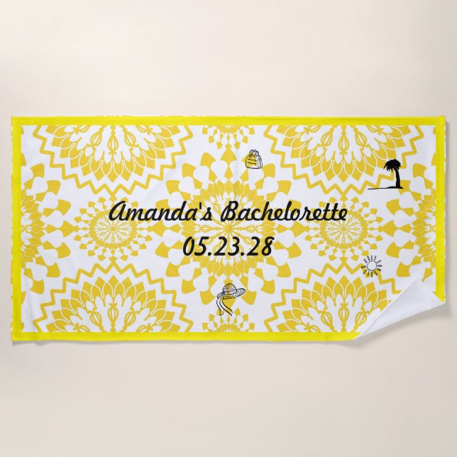 Mandala Pattern Bachelorette Party White Yellow  Beach Towel (Front)