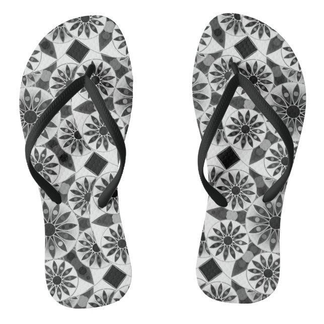 Mandala pattern , black, white and grey / grey jandals (Footbed)