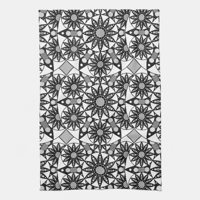 Mandala pattern, Black, White and Grey  Tea Towel (Vertical)