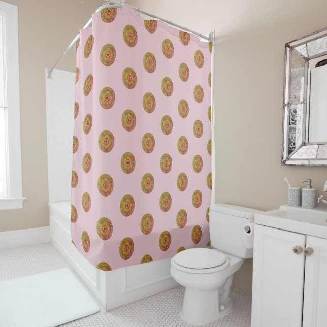 Mandala Pattern Boho Chic Pink Shower Curtain (In Situ)
