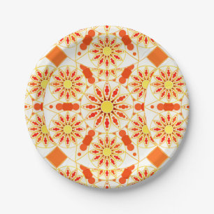 Mandala pattern, brick red, rust, gold paper plate