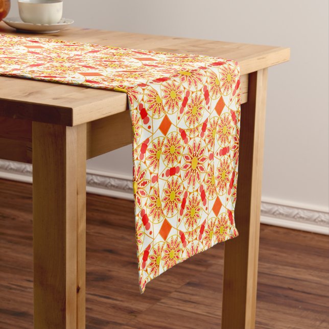 Mandala Pattern, Brick Red, Rust, Gold Short Table Runner (In Situ)