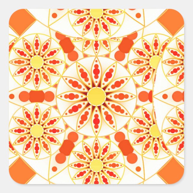 Mandala pattern, brick red, rust, gold square sticker (Front)