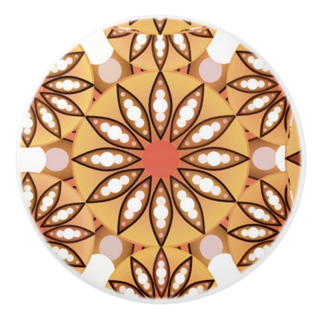 Mandala pattern, caramel tan, chocolate brown ceramic knob (Front)