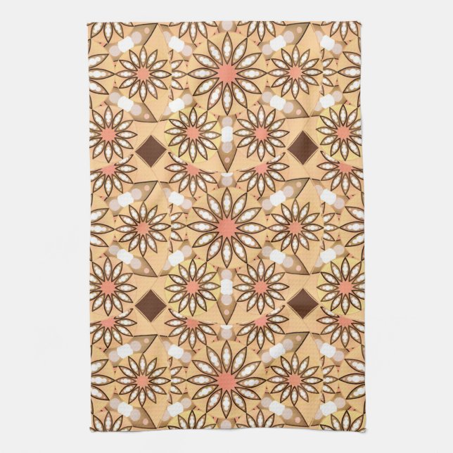 Mandala Pattern, Caramel Tan, Chocolate Brown Tea Towel (Vertical)