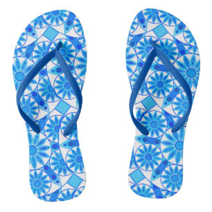 Mandala pattern, cobalt blue, turquoise and white jandals