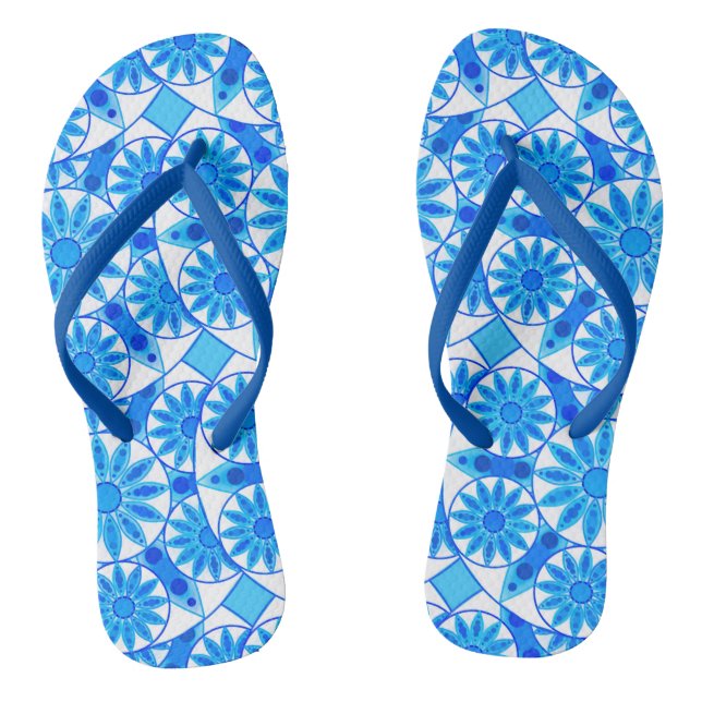 Mandala pattern, cobalt blue, turquoise and white jandals (Footbed)
