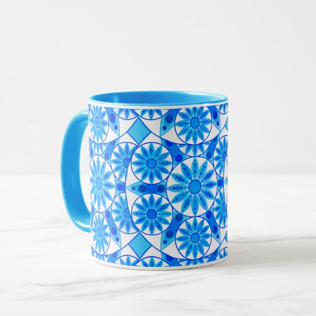 Mandala Pattern, Cobalt Blue, Turquoise and White Mug (Front Left)