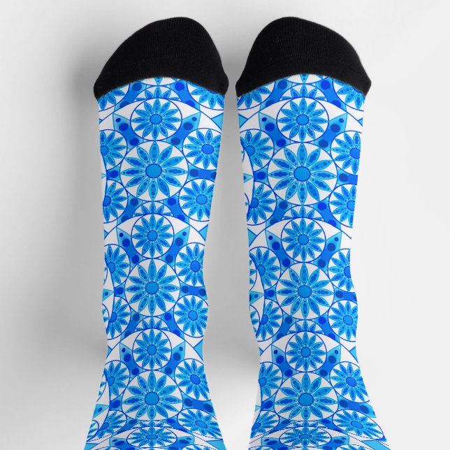 Mandala pattern, cobalt blue, turquoise and white socks (Top)