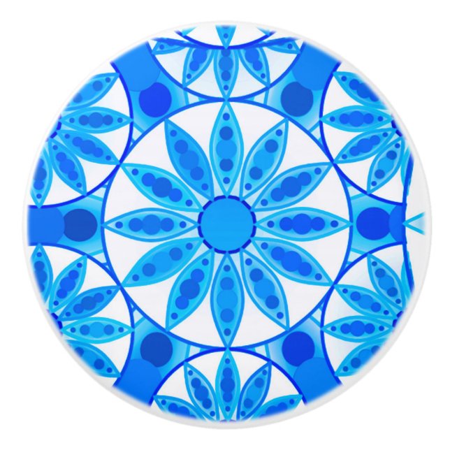 Mandala pattern, cobalt, turquoise and white ceramic knob (Front)