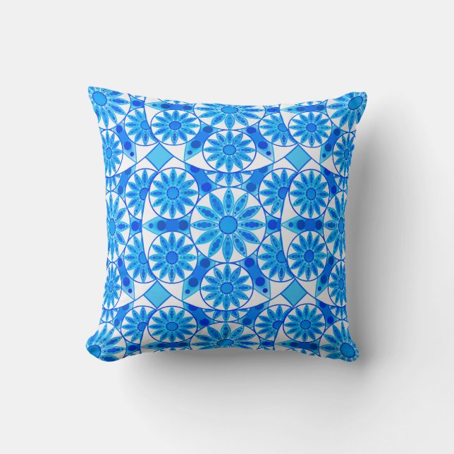 Mandala pattern, cobalt, turquoise and white cushion (Front)
