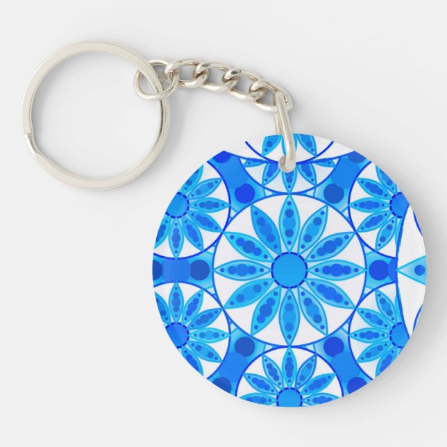 Mandala pattern, cobalt, turquoise and white key ring (Front)
