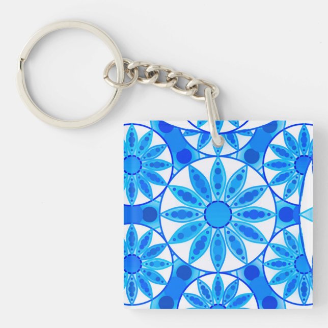 Mandala pattern, cobalt, turquoise and white key ring (Front)