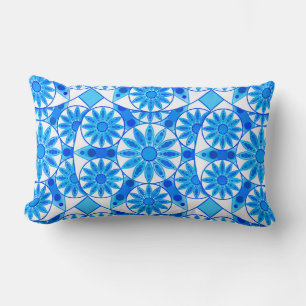 Mandala pattern, cobalt, turquoise and white lumbar cushion
