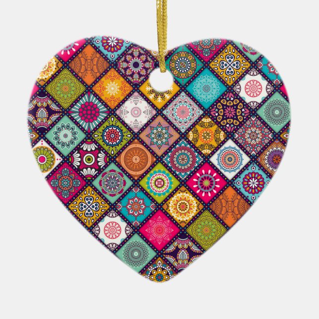 Mandala pattern colourful Moroccan Ceramic Tree Decoration (Front)