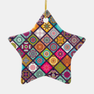 Mandala pattern colourful Moroccan Ceramic Tree Decoration