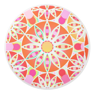 Mandala pattern, coral orange, pink, gold ceramic knob