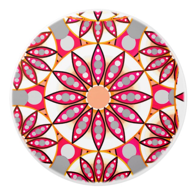 Mandala pattern, coral, peach, white and grey ceramic knob (Front)