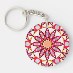 Mandala pattern, coral, peach, white and grey key ring