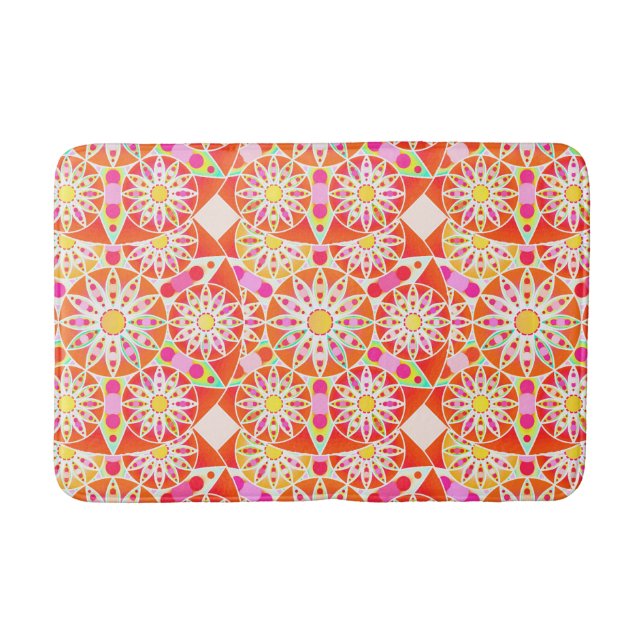 Mandala pattern, coral red, pink, gold bath mat (Front)