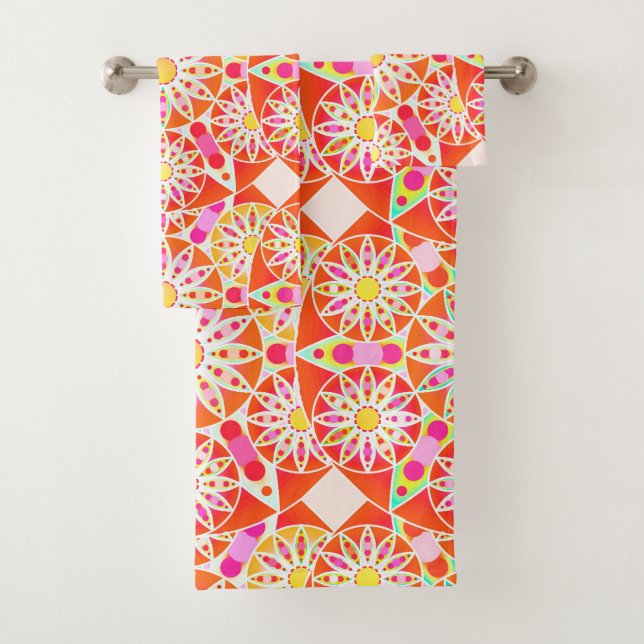 Mandala Pattern, Coral Red, Pink, Gold Bath Towel Set (Insitu)