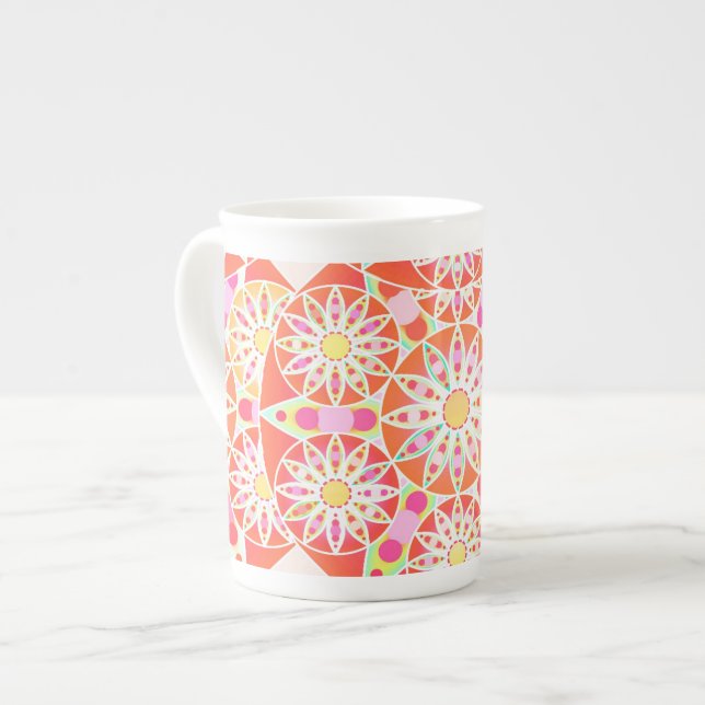 Mandala pattern, coral red, pink, gold bone china mug (Front Left)