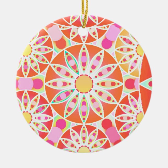 Mandala pattern, coral red, pink, gold ceramic tree decoration (Front)