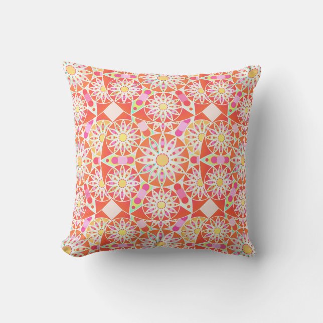 Mandala pattern, coral red, pink, gold cushion (Front)