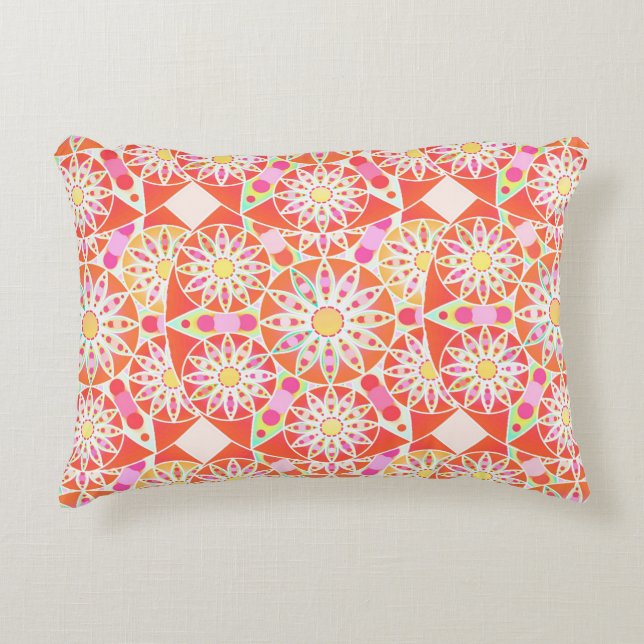 Mandala pattern, coral red, pink, gold decorative cushion (Front)
