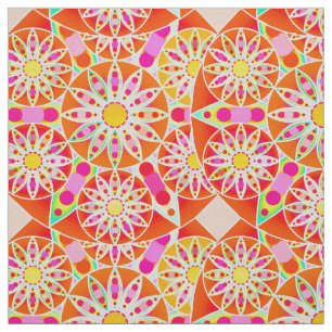 Mandala pattern, coral red, pink, gold fabric