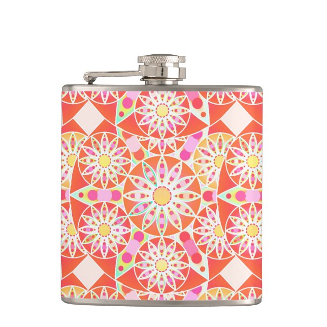 Mandala pattern, coral red, pink, gold hip flask (Front)