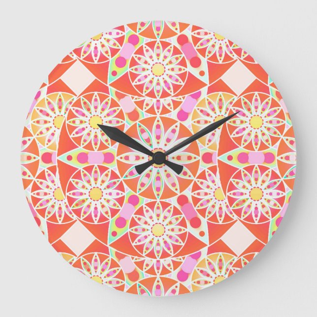 Mandala pattern, coral red, pink, gold large clock (Front)