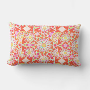 Mandala pattern, coral red, pink, gold lumbar cushion
