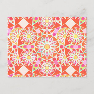 Mandala pattern, coral red, pink, gold postcard