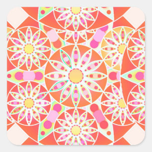 Mandala pattern, coral red, pink, gold square sticker