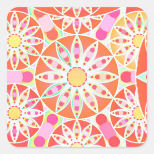 Mandala pattern, coral red, pink, gold square sticker