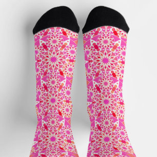 Mandala pattern, fuchsia pink and coral socks