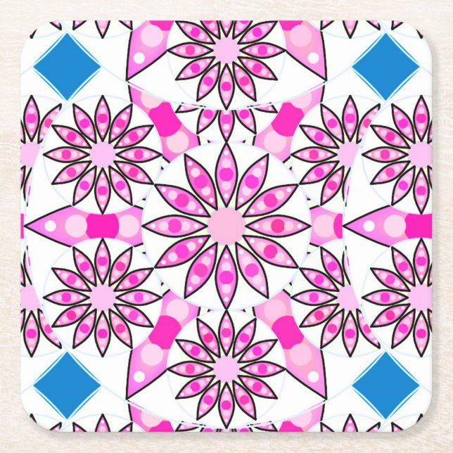 Mandala pattern, hot pink, black and white square paper coaster (Front)
