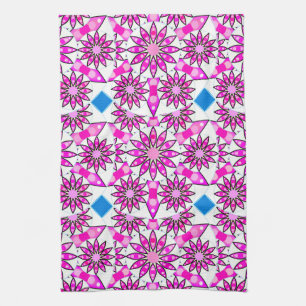 Mandala Pattern, Hot Pink, Black and White Tea Towel