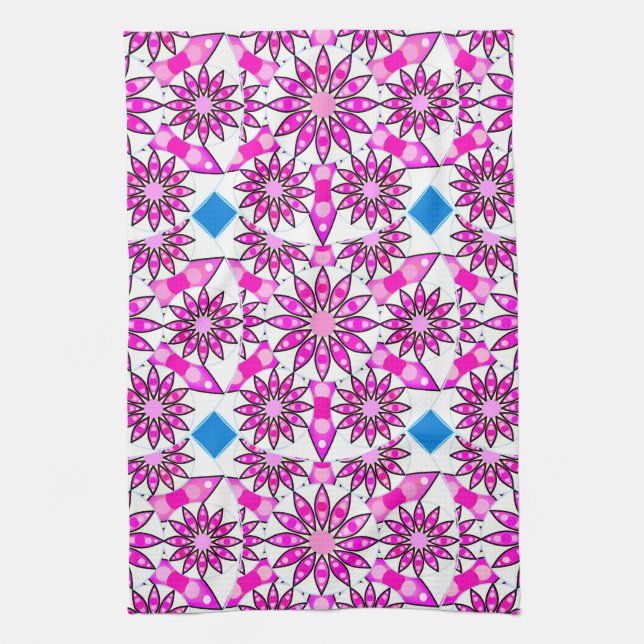 Mandala Pattern, Hot Pink, Black and White  Tea Towel (Vertical)