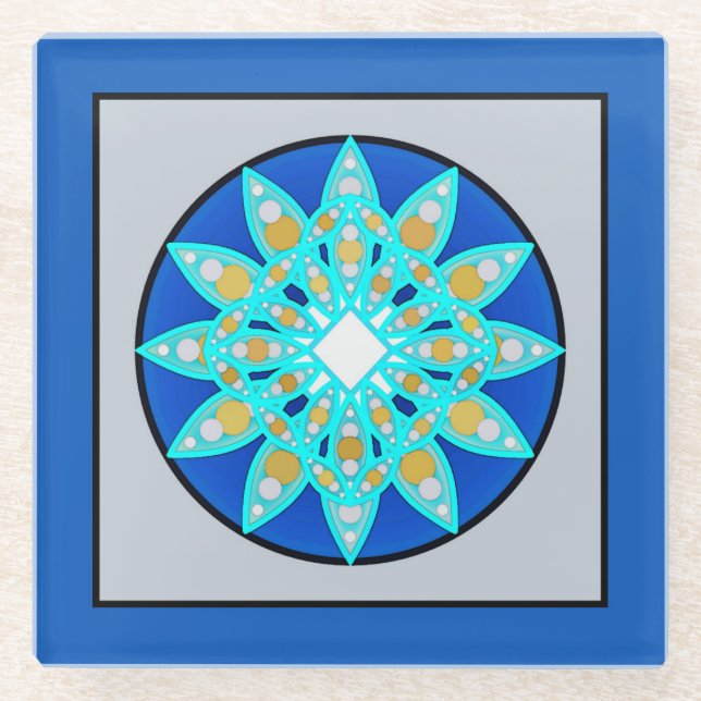 Mandala Pattern in Blue, Grey and Turquoise   Glass Coaster (Front)