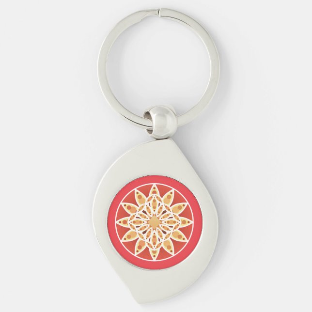 Mandala pattern in camel, dark red and white key ring (Front)