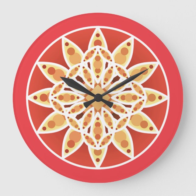 Mandala pattern in camel, dark red and white large clock (Front)