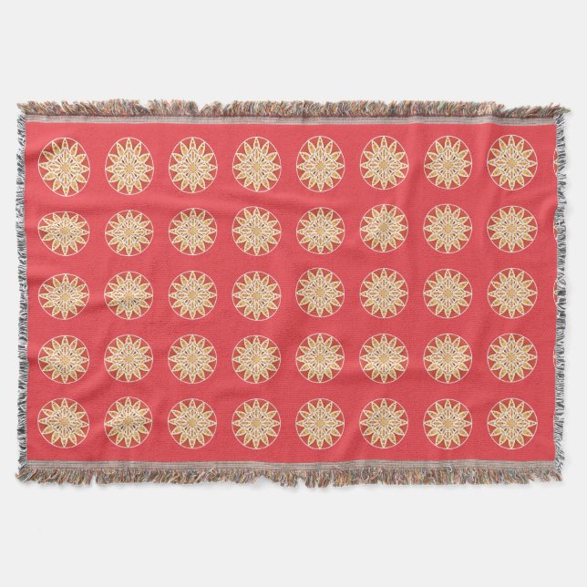 Mandala pattern in camel, dark red and white throw blanket (Front)