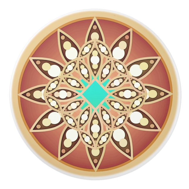 Mandala pattern in caramel and chocolate ceramic knob (Front)